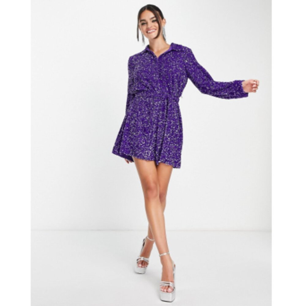 & Other Stories All Over Purple Sequin Mini Shirt Dress - Small
